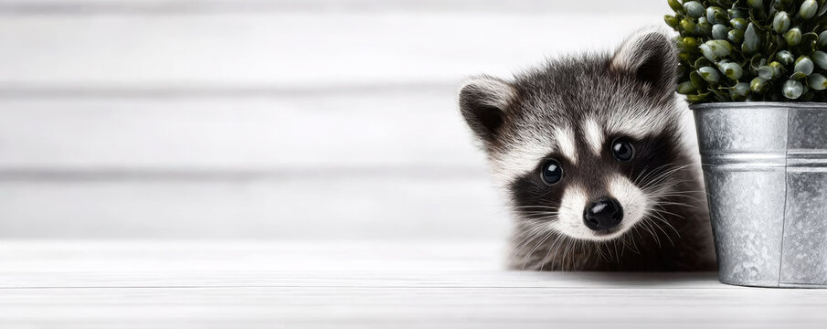 Baby raccoon peeking around a small green potted plant, creating curiosity and playful hiding on a white background