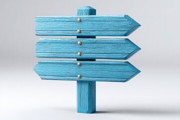 Directional blue signpost with multiple arrows against white background offering choices for navigation and wayfinding, great for indicating direction