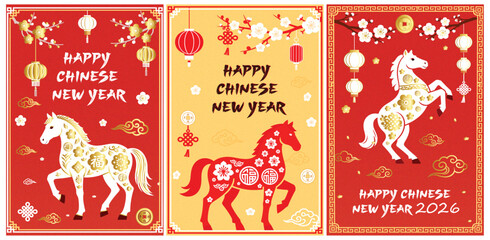 Chinese New Year Greetings Horse Imagery with Lanterns Plum Blossoms and Traditional Lunar Celebration Design © Hoody Baba