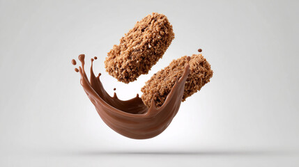 Crispy cauliflower vegan snack bars falling into a splash of rich chocolate sauce, creating a dynamic food scene