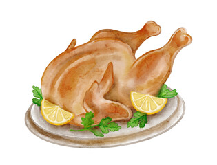 Watercolor roasted chicken on plate with lemon and herbs. Festive food illustration isolated on transparent background, perfect for holiday menu, wedding banquet, celebration design