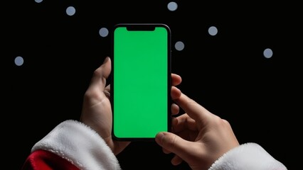 Festive-clad hands showcasing a smartphone with a customizable green screen, perfect for crafting unique seasonal digital content
