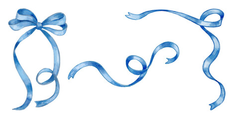Watercolor blue ribbons and bows set. Elegant decorative elements isolated on transparent background, perfect for wedding invitations, gift wrapping, greeting cards, branding and romantic design.
