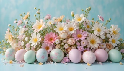 
 
Spring flowers arrangement with Easter eggs, fresh pastel colors, natural daylight, airy and elegant composition, copy space