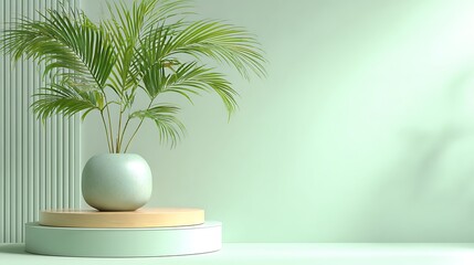 Pastel green minimalist setup with layered round stage, tropical palm plant in ceramic pot, bright soft studio glow