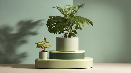 Minimal sage green display, layered triple platform, palm pot, bright calm lighting