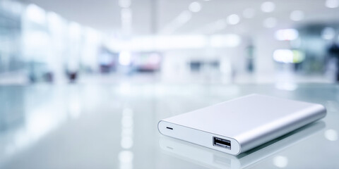 Silver external hard drive on glass table, communicating data storage, technology, and modern digital concepts