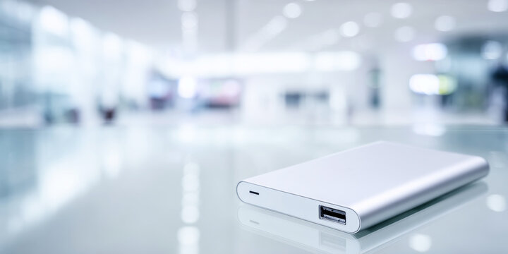 Silver external hard drive on glass table, communicating data storage, technology, and modern digital concepts