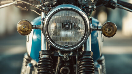 A blue motorcycle with a large headlight