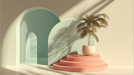 Mint pastel elegant composition, three-level circular stand, potted palm beside, soft diffused shadows