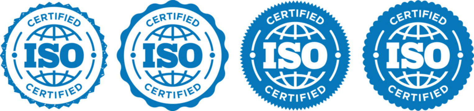 Blue ISO Certified Quality Assurance Seals with Globe Icons Vector Set