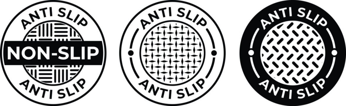 Set of Black and White Vector 'ANTI SLIP' and 'NON-SLIP' Icons with Textured Surface Patterns