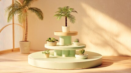 Minimal pastel green studio, circular three-level stand, potted palm, gentle warm lighting, serene feel