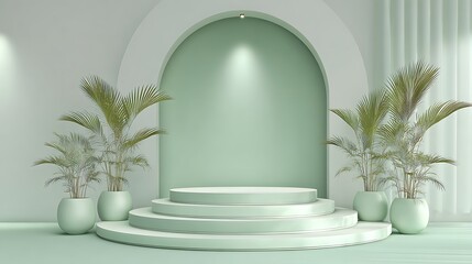 Mint pastel minimalist composition, triple podium, palm accent, soft diffused glow, elegant atmosphere