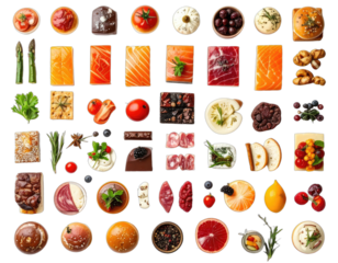 An Assortment of Gourmet Food Ingredients and Delicacies on Black Background