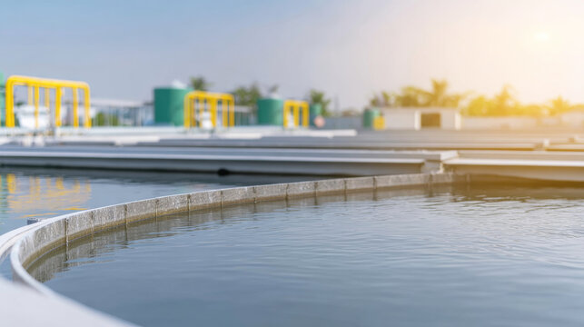 Modern wastewater treatment plant showing circular tanks purifying water, industrial infrastructure in background