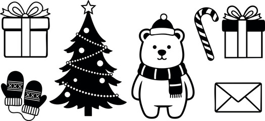 Naklejka premium Christmas holiday icons with tree bear gifts mittens candy envelope vector illustration 