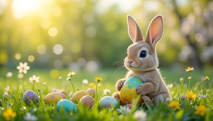 
Cute Easter bunny sitting in green grass holding colorful eggs, bright spring colors, soft sunlight, cheerful mood, high quality stock image 