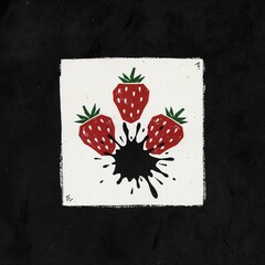 A symbolic illustration of Desdemona's handkerchief from Shakespeare's Othello, featuring linocut strawberries and black ink splash on white and black background, with space for text.