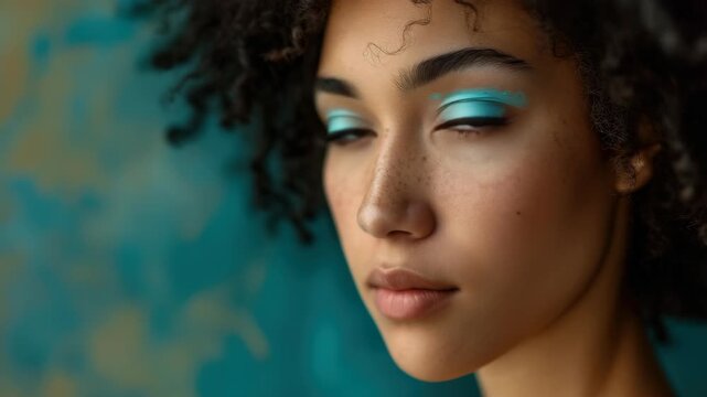 A close-up portrait of a young woman with brown skin and dark curly hair, wearing eye-catching blue eyeliner. She has a serene expression and is gazing off to the side