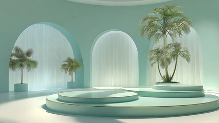 Mint pastel minimalist studio, three circular podiums, palm decor, soft ambient tone