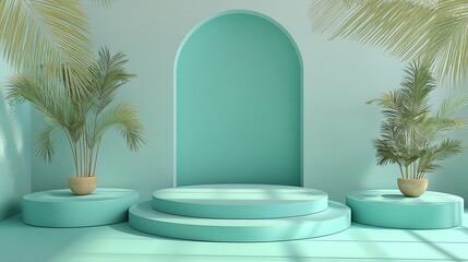 Mint pastel minimalist studio, three circular podiums, palm decor, soft ambient tone