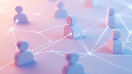 Isometric 3D scene with human-shaped icons connected by glowing lines over a gradient background in a modern corporate HR technology setting