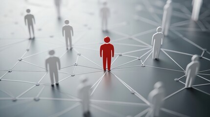 Human icons connected in a network with one central figure highlighted, representing recruitment decisions and modern workforce dynamics in a corporate setting