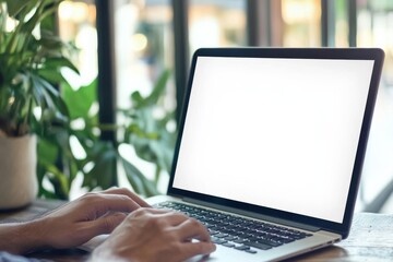 Man typing on laptop computer with blank screen in an indoor setting for online business and study activities in the afternoon