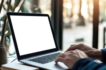 Man typing on laptop with blank screen in a business environment for online learning and e commerce activities during daytime