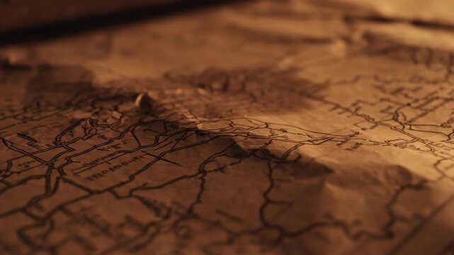 Slow pan across a wrinkled vintage paper map tracing an unmarked geographical road network, emphasizing the deep brown aged paper fiber texture journey, close up, exploration