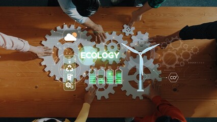 Engaging teamwork in ecology, showcasing diverse hands interacting with gears and symbols of sustainability, emphasizing the importance of collaboration for a greener future. Raster