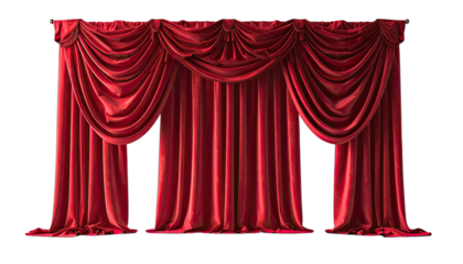 Luxurious deep red velvet stage curtain with opulent swagging isolated on black background.
