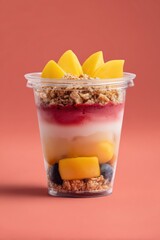 Studio Image of Acai, Granola, and Mango Cup on Coral Background
