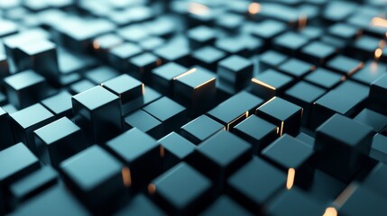 Three dimensional grid of luminous cubes arranged in order with depth variation and cool tones showing an abstract concept for business technology and data analysis