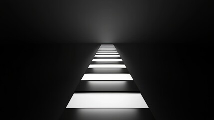 Minimal pathway of glowing rectangles invites viewers to reflect on structure and process while leading into the distance with a neutral dark background