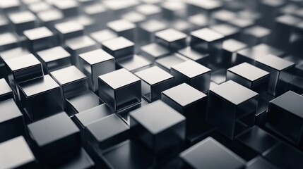 Three dimensional grid of luminous cubes in cool monochrome with accent color representing modern tech design for data evaluation and analytics in business context