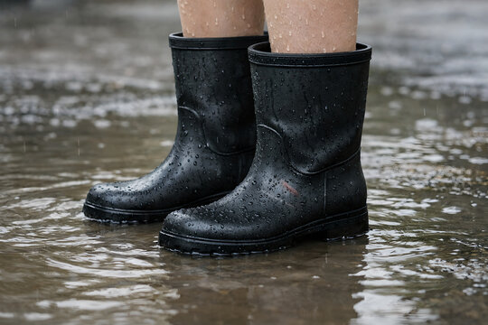 Photorealistic 3D leptospirosis exposure: person wearing unbranded rubber boots standing in shallow floodwater, subtle muddy water reflections, small skin micro-scratches on ankle area covered/protect