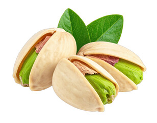 Close-up of three open nuts, showing the interior with green color and fresh leaves