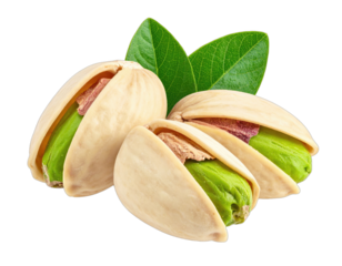 Close-up of three open nuts, showing the interior with green color and fresh leaves