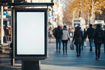 Billboard banner mock up at bus station in city with people walking during daytime
