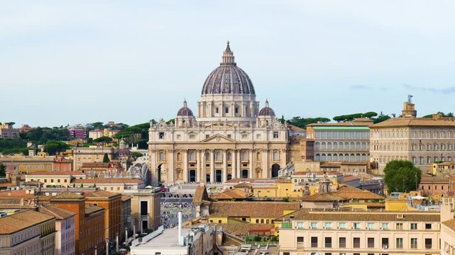 clear centered st peter basilica above rome dense grid monumental dome calm pale blue sky castel sant'angelo rising view italy roman empire emperor st. s cityscape 