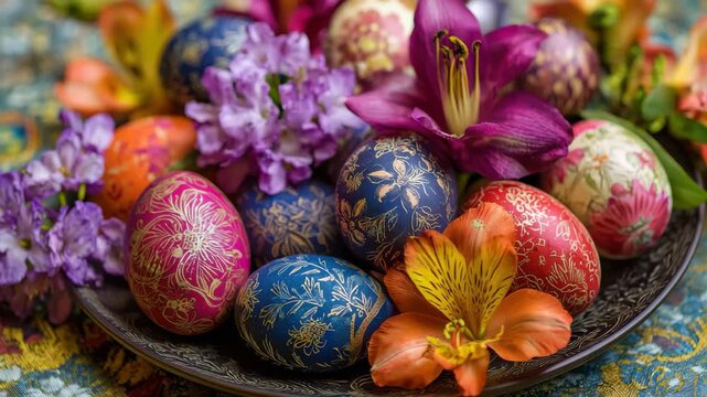 Colorful eggs and flowers arranged on a decorative plate during spring celebration in a vibrant setting