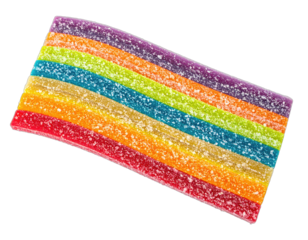 Close-up of rainbow-colored, sugared candy stick with vibrant stripes, isolated against black