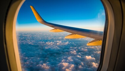 Scenic Flight View: Aircraft Wing Soaring Over Clouds Against Azure Sky - Travel & Adventure Above