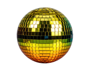 Shimmering sphere constructed of small, reflective gold and green square tiles against a black backdrop