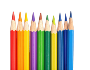 A row of sharpened, colorful pencils arranged in a rainbow order on a black background
