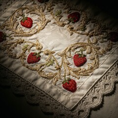 Intricate Gold and Red Embroidery, A symbolic illustration of Desdemona's handkerchief from Shakespeare's Othello, on Cream Fabric with Lace Detail