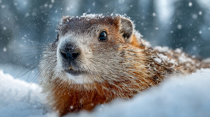 Obraz premium Groundhog peeking from burrow in winter snow