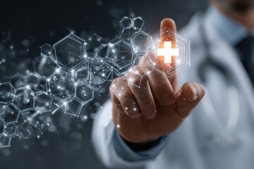 Man in medical uniform holding sphere of global healthcare network with bright red cross representing medicine and data sharing for improving treatment